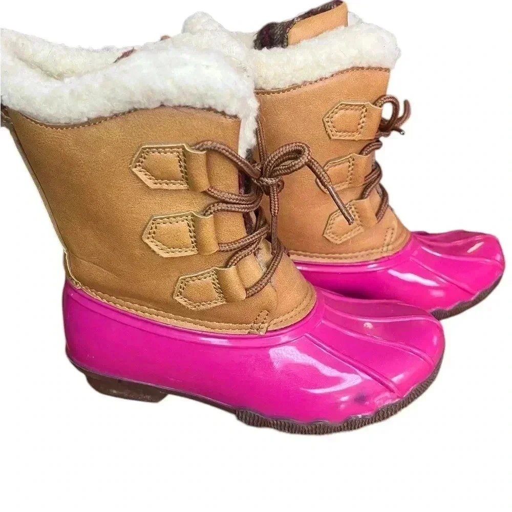 Girls sz 2 pink and brown duck boots